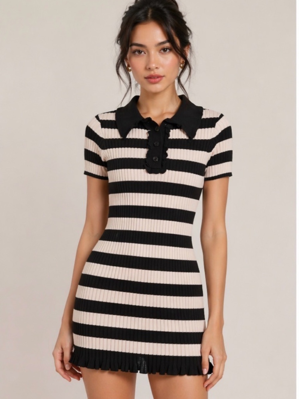Milly women’s dress Sz S Ribbed Striped Ruffle-Trim Polo stretch knit spring